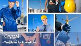  Presentation with sets in mathematics - Colorful presentation design enhanced with safety workplace - workers with equipment on building backdrop and a ocean colored foreground