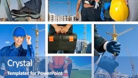  Presentation with equipment - PPT theme enhanced with safety workplace - workers with equipment on building background and a teal colored foreground