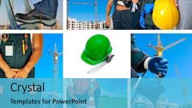  Presentation with equipment - PPT theme having safety workplace - workers with equipment background and a light blue colored foreground