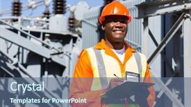  Presentation with electrical safety - Cool new slide set with safety workplace - young african technician working backdrop and a ocean colored foreground