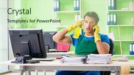  Presentation with spy - PPT theme with safety workplace theft - male spy under cleaner cover background and a soft green colored foreground