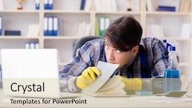  Presentation with private confidential document stamp classified - Beautiful slide deck featuring safety workplace theft - man cleaner stealing confidential documents backdrop and a  colored foreground