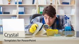  Presentation with private confidential document stamp red - Beautiful theme featuring safety workplace theft - man cleaner stealing confidential documents backdrop and a  colored foreground