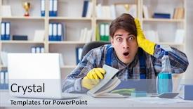  Presentation with private confidential document stamp classified - PPT theme featuring safety workplace theft - man cleaner stealing confidential documents background and a  colored foreground