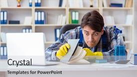  Presentation with private confidential document stamp classified - Cool new PPT layouts with safety workplace theft - man cleaner stealing confidential documents backdrop and a  colored foreground