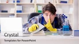  Presentation with private confidential document stamp classified - Amazing slide set having safety workplace theft - man cleaner stealing confidential documents backdrop and a light gray colored foreground