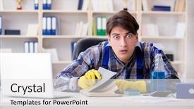  Presentation with private confidential document stamp classified - Slide set having safety workplace theft - man cleaner stealing confidential documents background and a light gray colored foreground