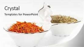  Presentation with saffron - Presentation design consisting of saffron and green spice in porcelain dish light grey background background and a white colored foreground