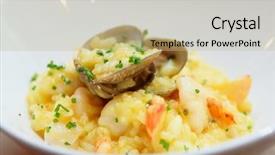  Presentation with clams - PPT theme with saffron risotto with clams and prawns in white plate close-up background and a mint green colored foreground