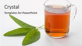  Presentation with sage - Presentation featuring sage tea in a glass cup with sage leaves background and a white colored foreground