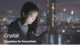  Presentation with city night - Colorful slide deck enhanced with saham online - woman using mobile phone backdrop and a dark gray colored foreground