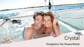  Presentation with high net worth - Presentation theme having sail away - cheerful couple relaxing on catamaran background and a soft green colored foreground