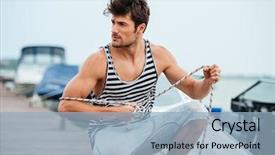  Presentation with boat - Audience pleasing PPT theme consisting of sail away - young handsome man preparing boat backdrop and a light blue colored foreground