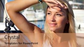  Presentation with woman world - Presentation theme having sail boat around the world background and a coral colored foreground