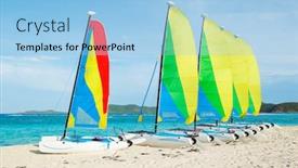  Presentation with sail - Slide deck with sail boats with colorful sails on tropical beach catamarans background and a light blue colored foreground