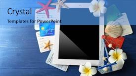  Presentation with flight - Slide set with sailing plane - tablet with credit cards background and a light blue colored foreground