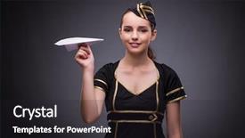  Presentation with flight attendant - PPT layouts enhanced with sailing plane - young flight attendant on gray background and a  colored foreground