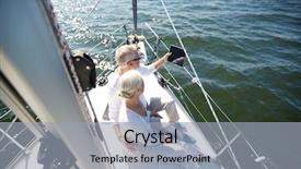  Presentation with boat tourism - Slide deck enhanced with sailing technology tourism travel and people concept - happy senior couple with tablet pc computer on sail boat or yacht deck floating in sea background and a light gray colored foreground