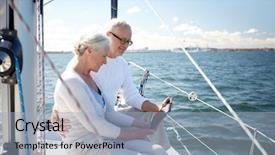  Presentation with boat tourism - Slides featuring sailing technology tourism travel and people concept - happy senior couple with tablet pc computer on sail boat or yacht deck floating in sea background and a light blue colored foreground