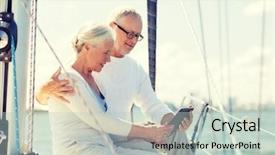  Presentation with boat tourism - Beautiful PPT layouts featuring sailing technology tourism travel and people concept - happy senior couple with tablet pc computer on sail boat or yacht deck floating in sea backdrop and a mint green colored foreground