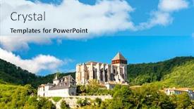  Presentation with cake grain and saint - Slide set enhanced with saint-bertrand-de-comminges-cathedral background and a light blue colored foreground