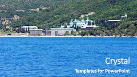  Presentation with monastery - Presentation theme consisting of saint panteleimon monastery athos peninsula background and a teal colored foreground