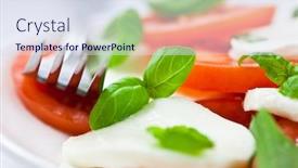  Presentation with white healthy food - Colorful slides enhanced with salad caprese with mozzarella sliced tomatoes spices and fresh basil home made food concept for a tasty and healthy meal white wooden background close up backdrop and a sky blue colored foreground