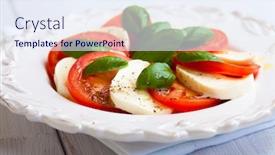  Presentation with white healthy food - Slide set having salad caprese with mozzarella sliced tomatoes spices and fresh basil home made food concept for a tasty and healthy meal white wooden background close up background and a sky blue colored foreground