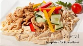  Presentation with skin - Theme having salad - chinese tofu skin stick form with meat and vegetables background and a coral colored foreground