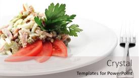  Presentation with celery - Beautiful presentation theme featuring salad comprises smoked chicken and celery dressed with parsley and tomato slice isolated on white background backdrop and a soft green colored foreground