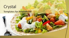  Presentation with kebab - Beautiful PPT theme featuring salad dressing salad - kebab - grilled meat backdrop and a yellow colored foreground