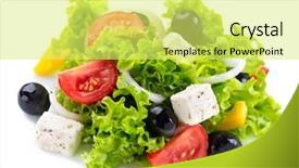  Presentation with feta cheese - Slide deck with salad greek salad isolated background and a yellow colored foreground