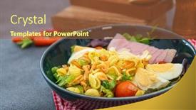  Presentation with mozzarella cheese - Amazing slide deck having salad-made-with-cooked-pasta backdrop and a tawny brown colored foreground