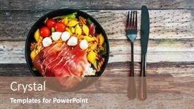  Presentation with mozzarella cheese - PPT theme consisting of salad-made-with-cooked-pasta background and a coral colored foreground