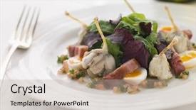  Presentation with agriculture animal quail - Beautiful presentation design featuring salad of frog legs lardons backdrop and a mint green colored foreground