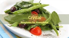  Presentation with salad dressing - Audience pleasing presentation theme consisting of salad of spinach leaves chery tomatoes green beans and black olives with a balsamic dressing backdrop and a tawny brown colored foreground