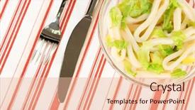  Presentation with tablecloth - Colorful slides enhanced with salad of squid rings lemon and lettuce in a glass bowl on striped tablecloth close-up backdrop and a lemonade colored foreground