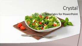  Presentation with fresh fruits salad on white - Slide deck featuring salad on brown place mat background and a sky blue colored foreground