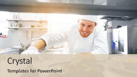  Presentation with cooking chef - Audience pleasing slide deck consisting of salad ringing bell at restaurant backdrop and a lemonade colored foreground