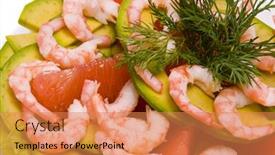  Presentation with shrimps - Amazing presentation theme having salad with avocado shrimps grapefruit and herbs backdrop and a coral colored foreground