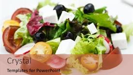  Presentation with feta cheese - Colorful slide deck enhanced with salad with feta cheese olives and cherry tomatoes backdrop and a red colored foreground