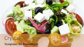  Presentation with feta cheese - Colorful slide deck enhanced with salad with feta cheese olives and cherry tomatoes backdrop and a gold colored foreground
