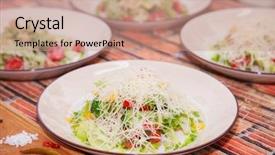  Presentation with tomato - Audience pleasing slide set consisting of salad-with-greens-and-tomato backdrop and a coral colored foreground