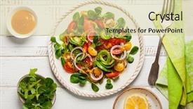  Presentation with salad dressing - Audience pleasing theme consisting of cherry tomatoes salad with honey backdrop and a soft green colored foreground