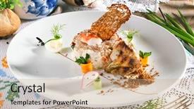  Presentation with crab - Slides consisting of salad with king red crab and vegetables garnished with grilled wachtel background and a coral colored foreground