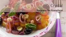  Presentation with garlic - Presentation design having salad-with-ox-heart-tomatoes background and a coral colored foreground