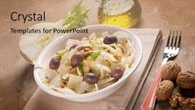  Presentation with cheese plate parmesan cheddar gouda - Slide set enhanced with salad with parmesan cheese flak background and a coral colored foreground