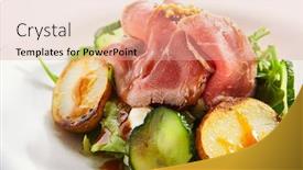  Presentation with haute cuisine - PPT theme with salad-with-roast-beef background and a coral colored foreground