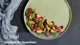  Presentation with green fresh food - Beautiful PPT theme featuring salad-with-roast-beef backdrop and a gray colored foreground