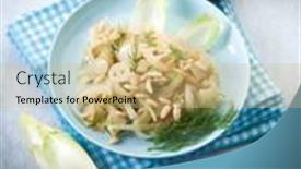  Presentation with pine - Presentation featuring salad-with-sauteed-endive-onions background and a coral colored foreground